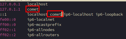 Terminal showing /etc/hosts file with hostname entries changed from cm3588-nas to comet, highlighted with red boxes