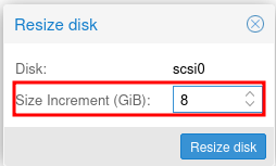 Proxmox disk resize dialog showing size increment field
