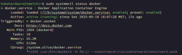 Terminal output of sudo systemctl status docker showing Docker service active and running on the Debian VM