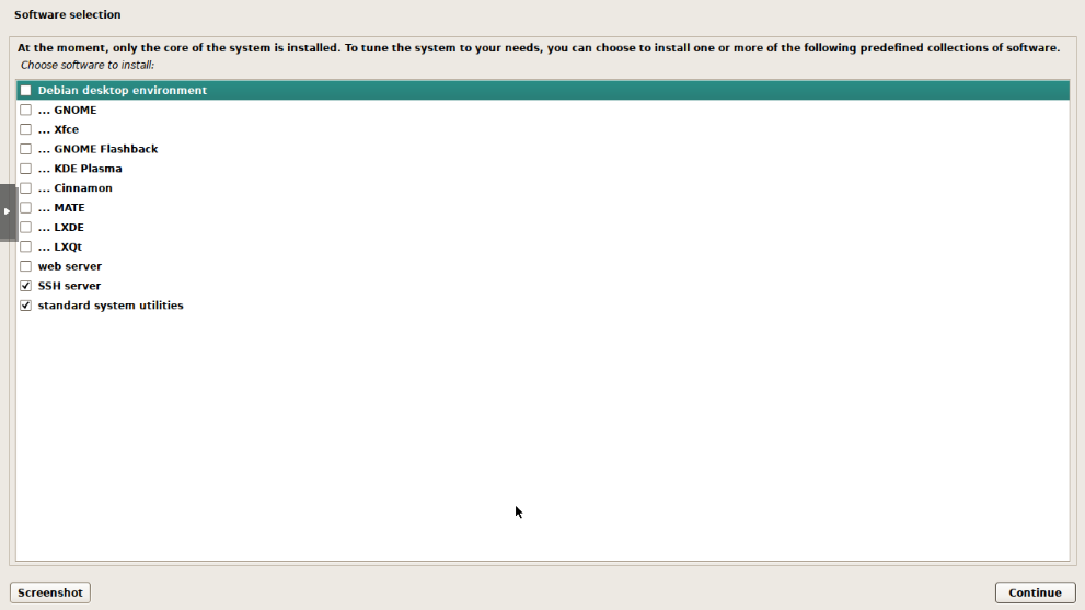 Debian installer software selection with only SSH server and standard system utilities checked