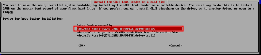Debian Installer GRUB device selection with /dev/sda highlighted