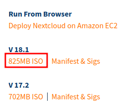 TurnKey Linux Nextcloud ISO download page with 825MB link