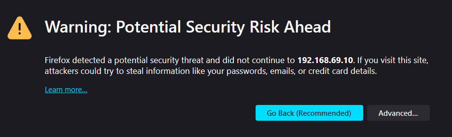 Firefox Security Warning for Portainer Self-Signed Certificate