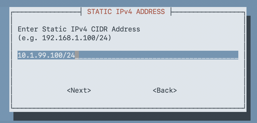 Static IPv4 Address dialog with 10.1.99.100/24 entered