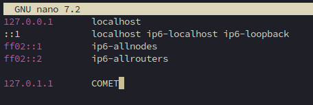 Terminal showing nano editor with /etc/hosts file and updated hostname
