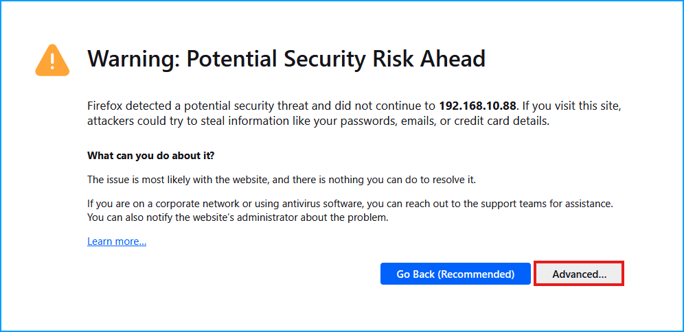 Firefox browser showing Warning: Potential Security Risk Ahead for the Proxmox self-signed certificate