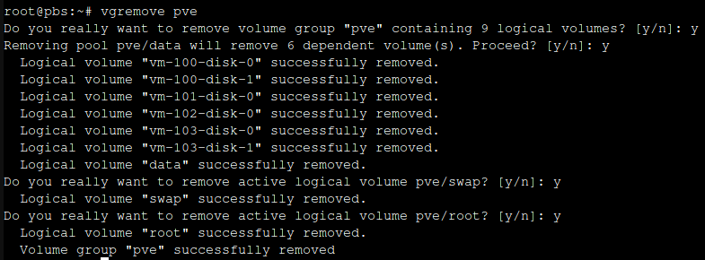 vgremove command removing logical volumes
