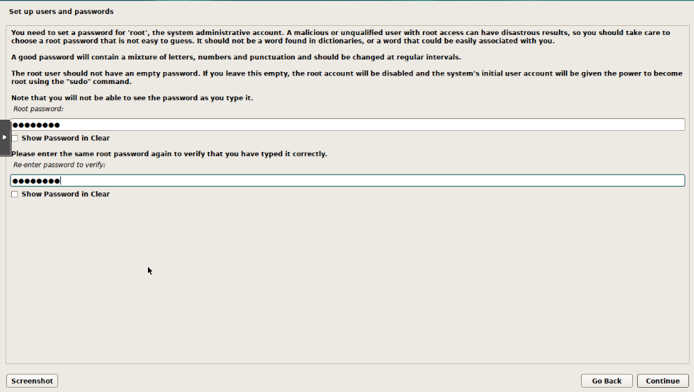 Debian installer root password setup screen with password entered and masked