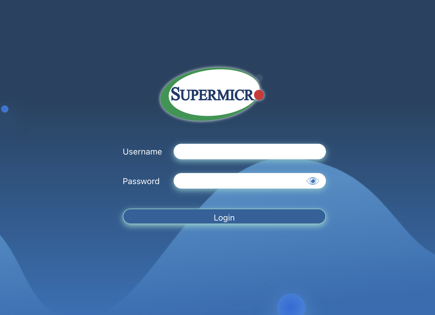SuperMicro IPMI web interface login page showing the SuperMicro logo with username and password fields on a blue gradient background