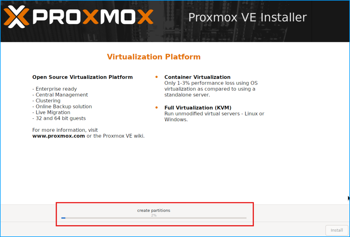 Proxmox VE Installer showing the installation in progress with a progress bar