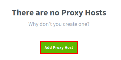 NGINX Proxy Manager Proxy Hosts page showing no proxy hosts configured with a green Add Proxy Host button