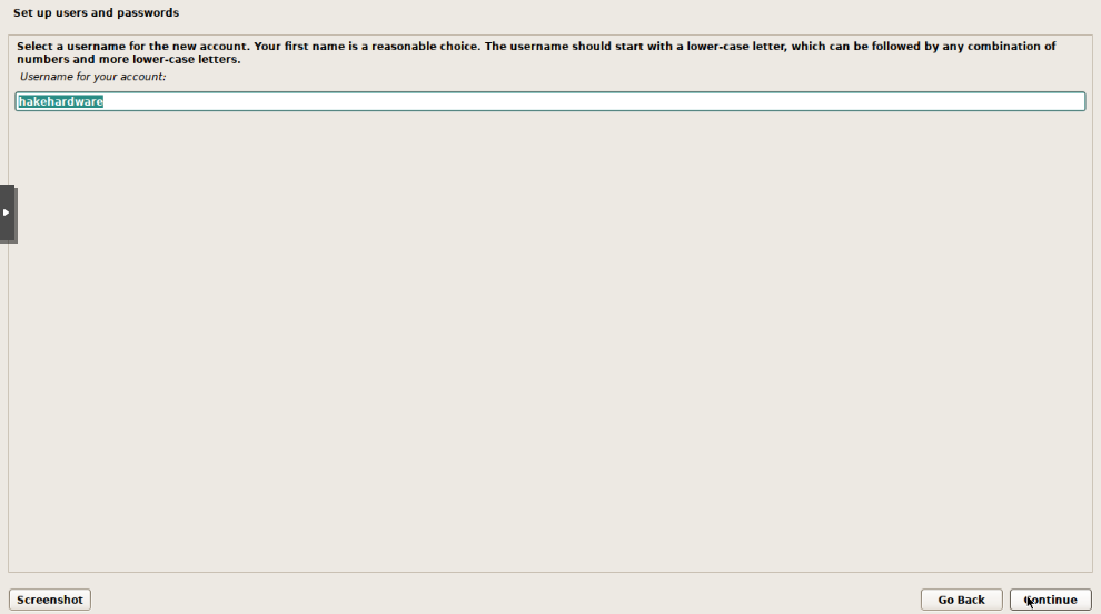 Debian installer username selection showing hakehardware entered as the account username