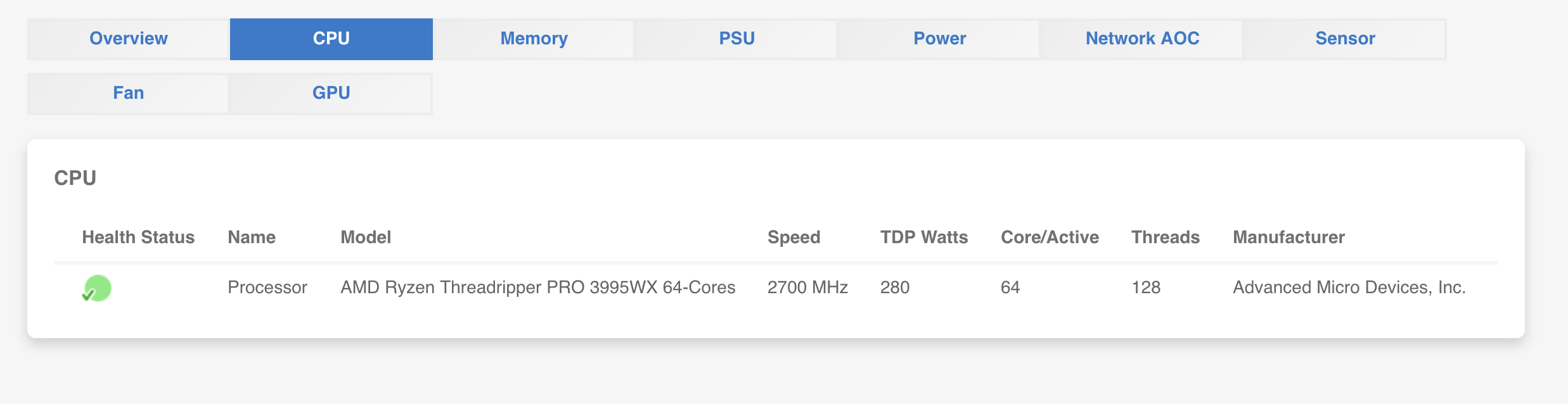 IPMI web UI CPU information tab showing an AMD Ryzen Threadripper PRO 3995WX 64-Core processor at 2700 MHz with 280W TDP, 64 cores, and 128 threads