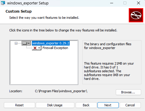 Windows Exporter MSI installer Custom Setup screen showing windows_exporter 0.29.2 with Firewall Exception feature option, installing to C:\Program Files\windows_exporter