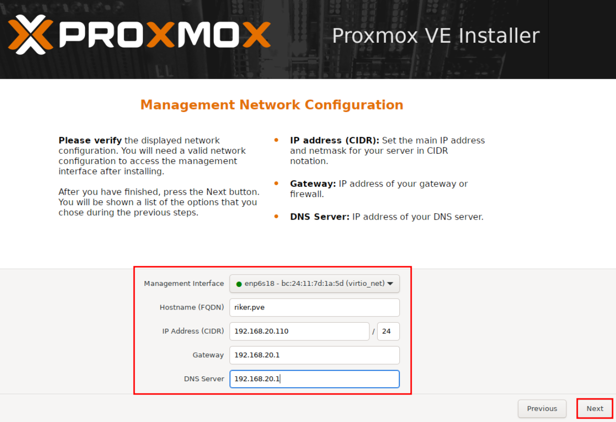 Proxmox VE Installer Management Network Configuration showing Management Interface enp6s18, Hostname riker.pve, IP Address 192.168.20.110/24, Gateway 192.168.20.1, and DNS Server 192.168.20.1