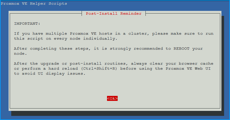 Post-Install Reminder dialog with important instructions about cluster nodes, rebooting, and clearing browser cache