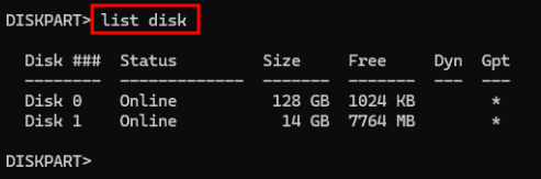 Diskpart list disk output