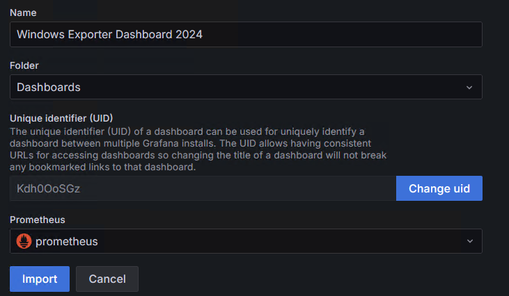 Grafana import dashboard dialog showing Name 'Windows Exporter Dashboard 2024', Folder 'Dashboards', Unique identifier field, and Prometheus data source selector with Import button
