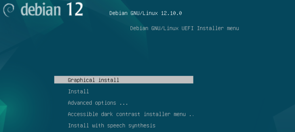 Debian 12 GNU/Linux UEFI installer boot menu with Graphical install option highlighted