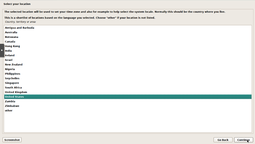 Debian installer location selection screen with United States highlighted