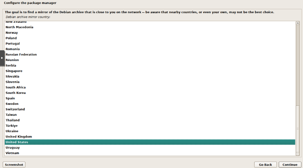 Debian installer archive mirror country selection with United States highlighted