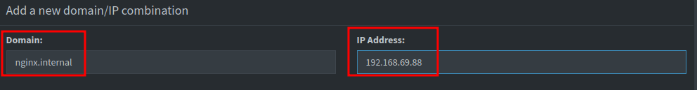 Pi-hole DNS Records page showing a new domain/IP combination being added with domain nginx.internal and IP address 192.168.69.88