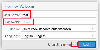 Proxmox VE Login page with User name set to root, Password field filled in, Realm set to Linux PAM standard authentication, Language set to English, and Login button highlighted