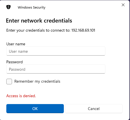 Windows Security dialog prompting to enter network credentials to connect to 192.168.69.101 with username and password fields and a Remember my credentials checkbox