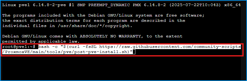 Proxmox VE terminal showing the bash command being pasted to run the post-install script