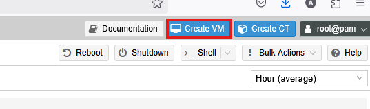 Proxmox top toolbar with the Create VM button highlighted