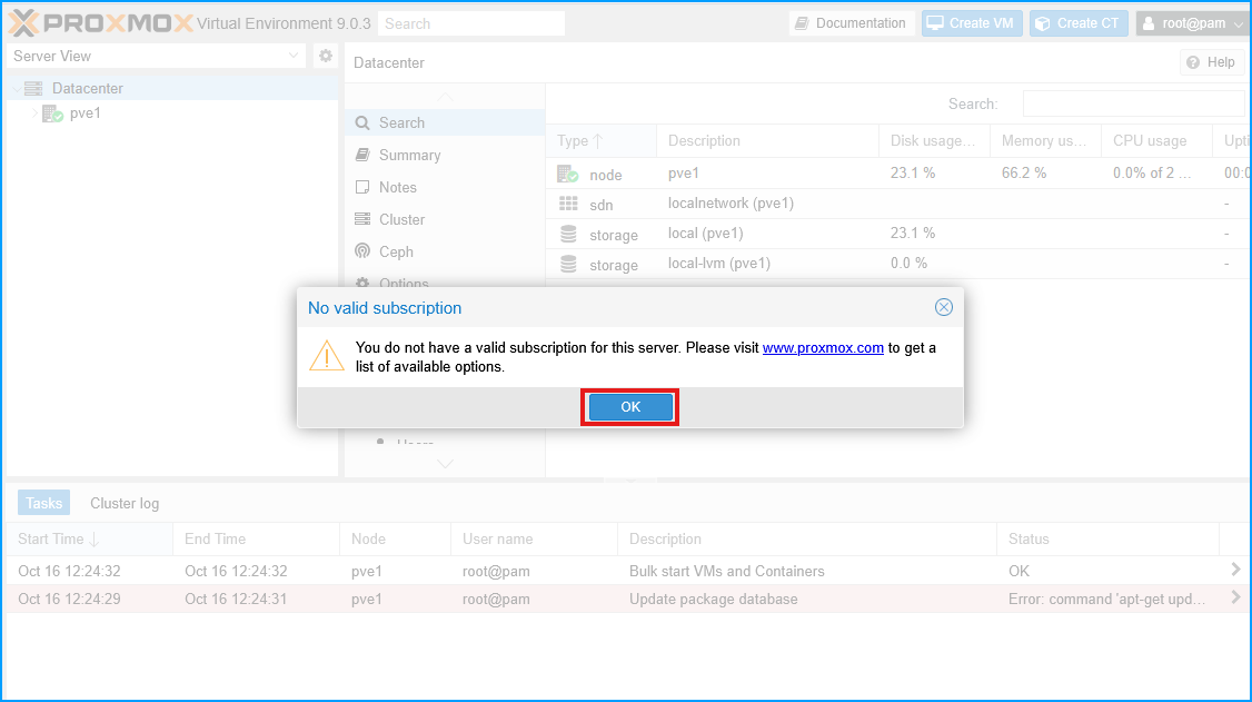 Proxmox VE 9.0.3 web interface showing the No valid subscription popup dialog