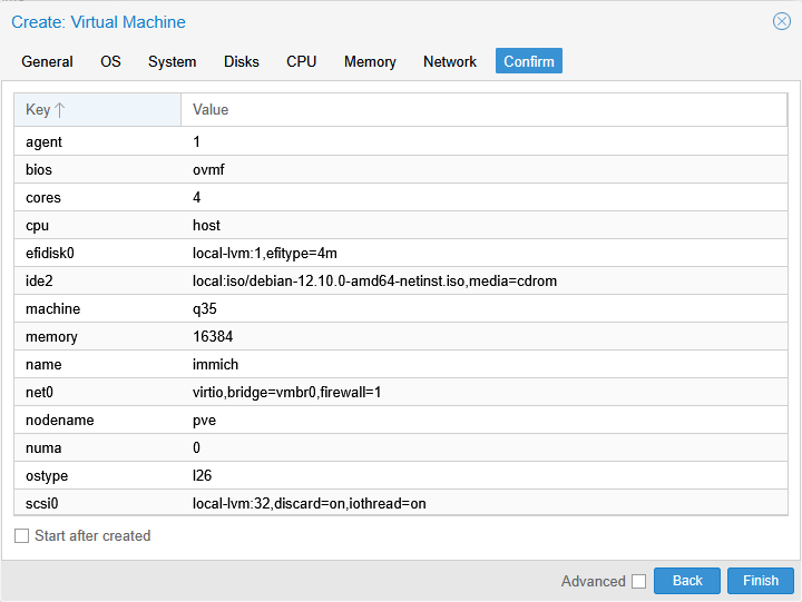 Proxmox Create VM Confirm tab showing full VM configuration summary including OVMF BIOS, 4 cores, 16384 MB memory, and 32 GB disk