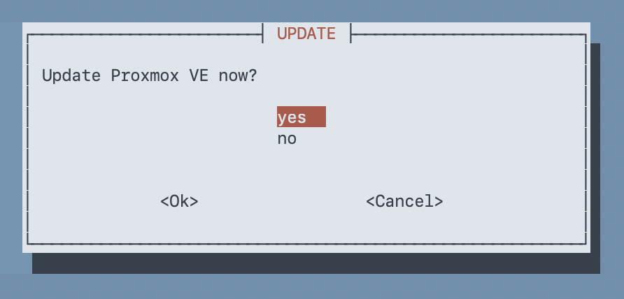 Whiptail dialog asking whether to update Proxmox VE now, with yes selected