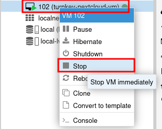 Proxmox right-click context menu with Stop option on the Nextcloud VM