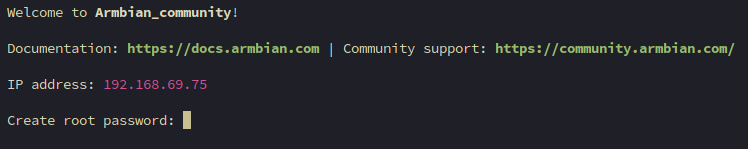 Terminal showing Armbian community welcome message with IP address and prompt to create root password