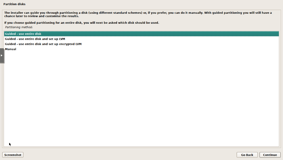 Debian installer partition method selection showing Guided use entire disk and set up LVM option