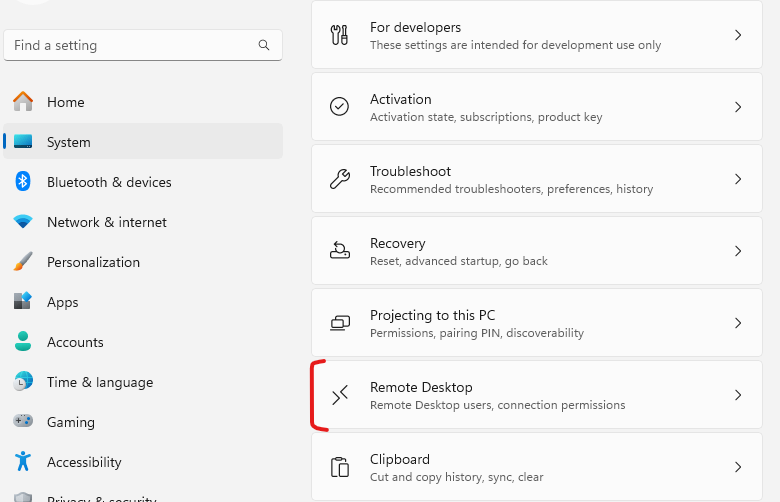 Windows 11 Settings System Remote Desktop