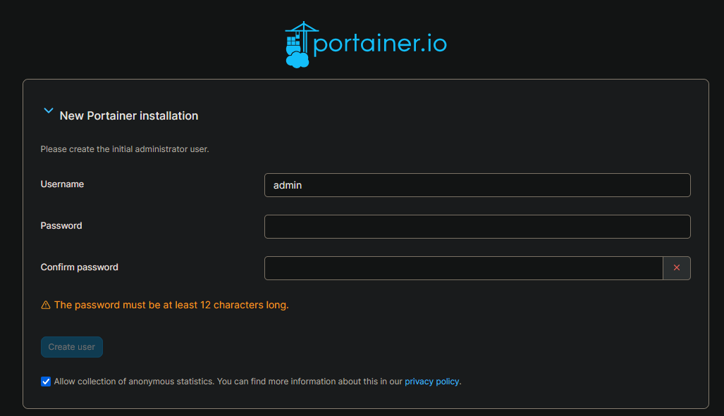 Portainer Initial Admin User Registration Page