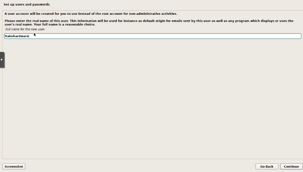 Debian installer user account setup showing hakehardware entered as the full name