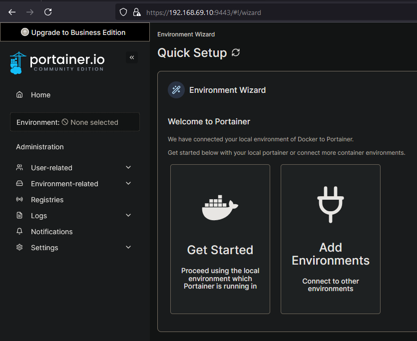 Portainer Get Started page showing Environment Wizard