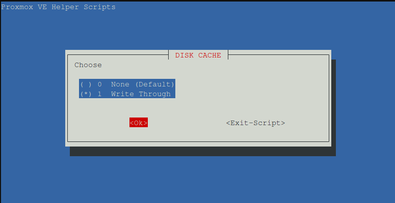 Helper Scripts TUI showing disk cache configuration with no cache and Write Through options