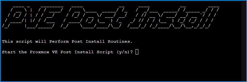 Terminal showing PVE Post Install ASCII art banner with the start prompt