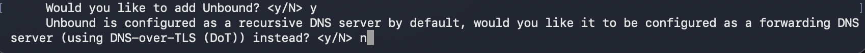 Unbound DoT forwarding prompt — answer No to keep recursive