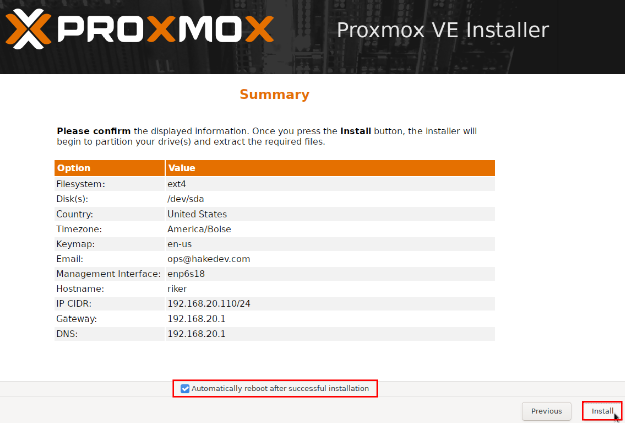Proxmox VE Installer Summary showing ext4 filesystem, /dev/sda disk, United States, America/Boise timezone, IP 192.168.20.110/24, with Automatically reboot after successful installation checked and Install button highlighted