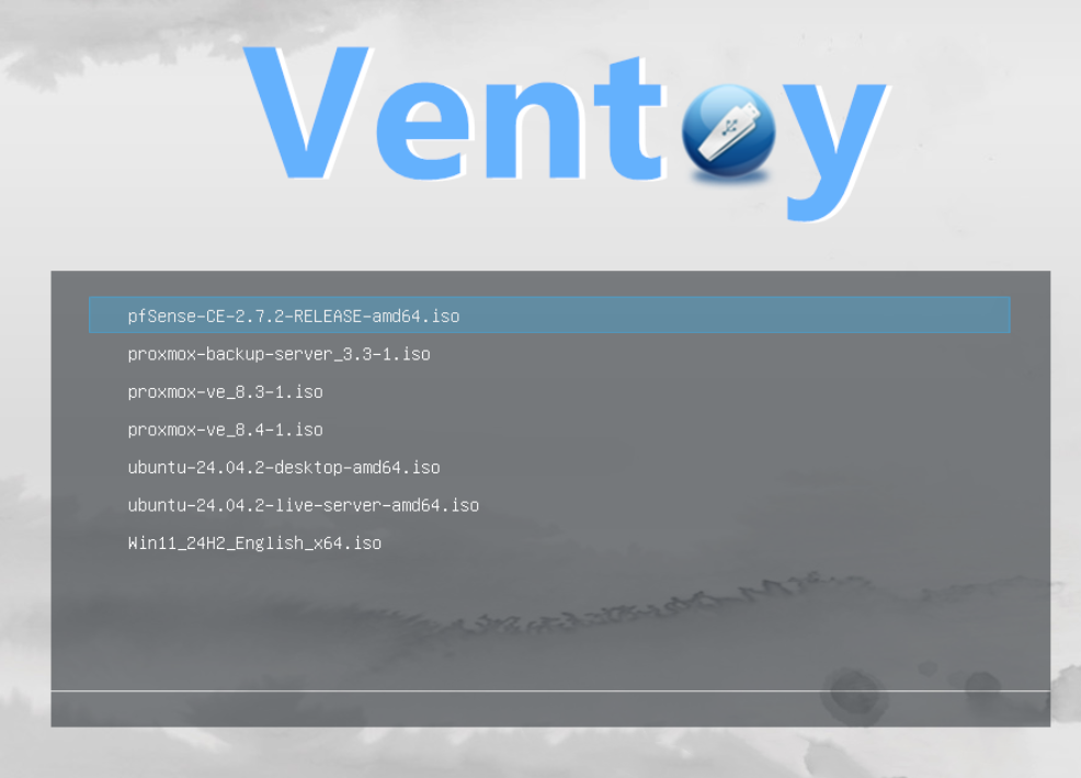 Ventoy boot menu showing a list of ISO files including pfSense, Proxmox Backup Server, Proxmox VE 8.3-1, Proxmox VE 8.4-1, Ubuntu 24.04, and Windows 11