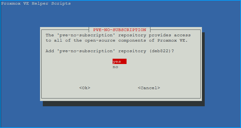 Dialog asking to add the pve-no-subscription repository in deb822 format with yes selected