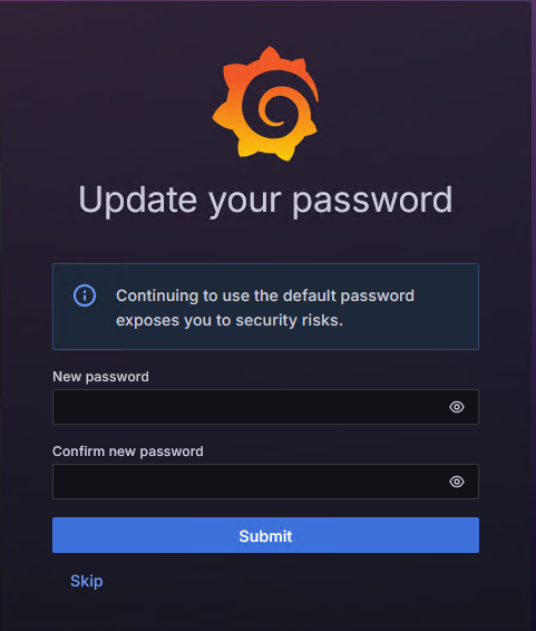 Grafana web interface showing the Update your password screen with New password and Confirm new password fields and a Submit button