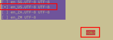 Terminal showing dpkg-reconfigure locales selection screen with en_US.UTF-8 highlighted