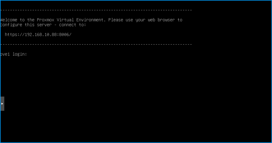 Proxmox VE console login screen showing the web interface URL
