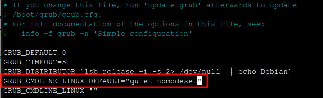 GRUB configuration file showing nomodeset parameter